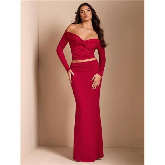 Twist Knot Solid Color Long Sleeve Top + High Waist Ruched Fishtail Skirt - Picture 4 of 5